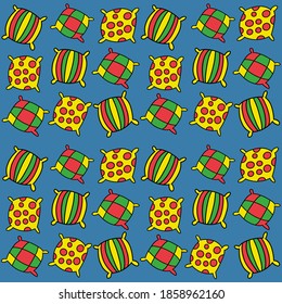 Pattern of multicolored pillows with stripes, polka dots and a cage. Soft element of furniture and beds. Sleep and rest icon. Doodle style. Vector illustration on a green isolated background.