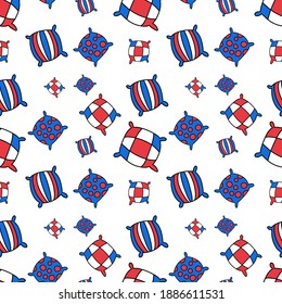 Pattern of multicolored pillows with stripes, polka dots and a cage. Soft element of furniture and beds. Sleep and rest icon. Doodle style. Vector illustration on a white isolated background.