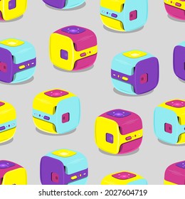 Pattern of multicolored portable video projectors.Vector illustration on gray background.