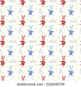 Pattern with multi-colored rabbits, sled and Christmas tree. Vector over white background. Symbol of the new year. For the design of packaging, clothing, brochures and covers, cards and invitations,