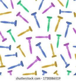 A pattern of multicolored razors. The vector background is drawn in a cartoon style. Seamless pattern of women's and men's razors. Vector illustration in flat style. For design and decoration