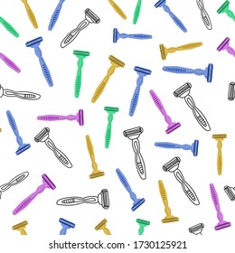 Pattern of multicolored razors. The vector background is drawn in a cartoon style. Seamless pattern of women's and men's razors. Vector illustration in flat style. For design and decoration