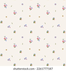 A pattern of multicolored small flowers on a white background. Cute floral aesthetic composition for wallpaper, print, poster, postcard, phone cases, banner, fabric, textiles.