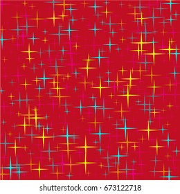 A pattern of multicolored sparks, stars, glare on a red background. Can be used for textile printing, packaging, wallpaper, abstract background.