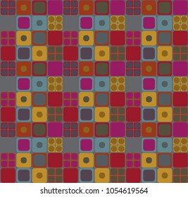 A pattern of multi-colored squares. Rows of bright spots. Vector image. Home theme, coziness. Wall decoration. Design. Textile print. Rounded corners. Rich color scheme. Iridescent strips.