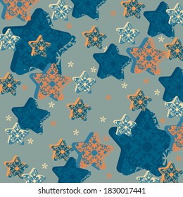 Pattern multicolored stars with flowers on the polar blue background