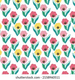 A pattern of multicolored tulips and green leaves