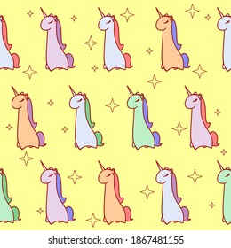 A pattern of multicolored unicorns on a yellow background.