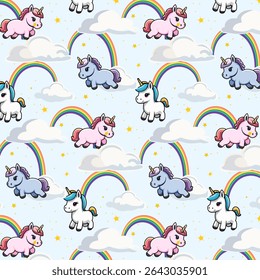 Padrão com unicórnios multicoloridos.Padrão sem emenda do vetor com unicórnios coloridos, nuvens e arco-íris em um plano de fundo azul.