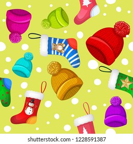 Pattern with multicolored winter hats and socks over snowflakes background