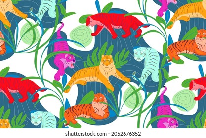 Pattern with multicolors tigers and leaves. Cartoon illustration. Illustration set of red tigers in various poses standing, sitting, lying down, beckoning