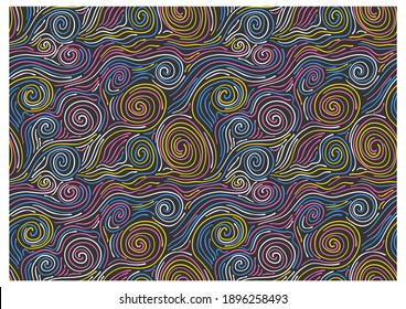 Pattern with multicoloured swirling wave lines.