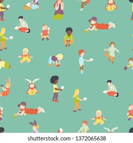 pattern with multiracial kids or children playing with multicolored easter eggs outdoor. 