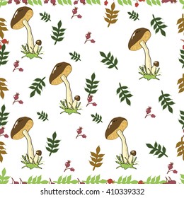 Pattern mushroom. Vector seamless pattern with mushrooms and green branches with leaves, hand drawn vector design elements