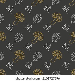 Patrón de champiñones y bellotas sobre un fondo negro. Imagen vectorial para uso en el diseño de embalajes o sitios web de regalo
