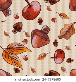 Pattern Mushrooms, Autumn leaves, applesVector composition seamless pattern. Warm pastel colors