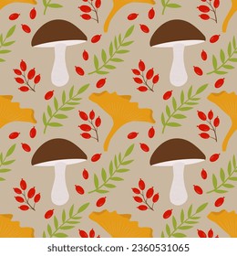 A pattern with mushrooms and autumn leaves. Seamless pattern with mushrooms, plants, berries. Background for textiles or book covers, wallpaper, design, graphics, printing, hobbies, invitations.