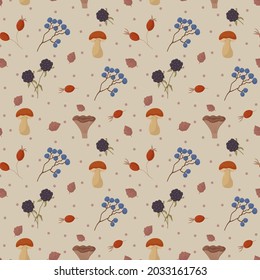 El patrón con hongos es otoño. Vector Berries, champiñones, flores, hojas para textiles. Texturas estacionales de doodle naturales. Ilustración del vector