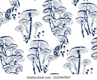 
Pattern mushrooms and blue butterflies on a white background