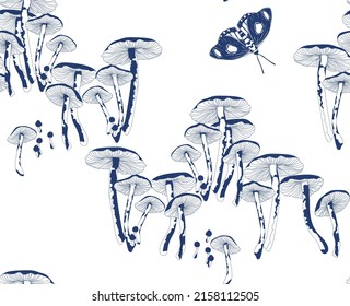 Pattern mushrooms and blue butterflies on a white background
