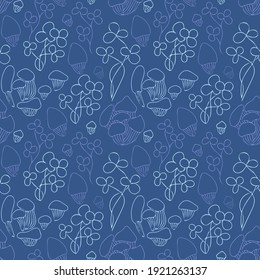 pattern with mushrooms and clover. drawn in doodle style vector seamless pattern on a blue background. Suitable for backgrounds, wallpapers, wrapping paper
