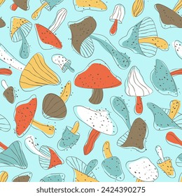 Pattern with mushrooms of different shapes. Seamless pattern of mushrooms scattered on the background. Fabric design. Flat vector illustration.