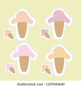 Pattern of mushrooms , doodles, dashed lines, tags.