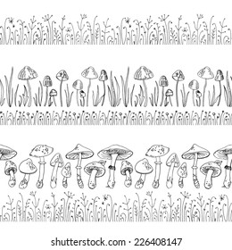 Pattern mushrooms, forest herbs, poisonous mushrooms. Vector elements, pattern isolated on white. Drawing a black line