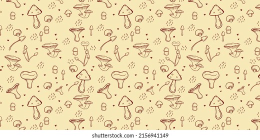 Pattern with mushrooms and hearts. Pattern for food packaging, advertising, design