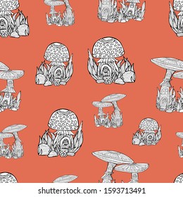 pattern mushrooms houses black and white seamless outline vector doodle building fly agaric nature grass housing gnome baby prints