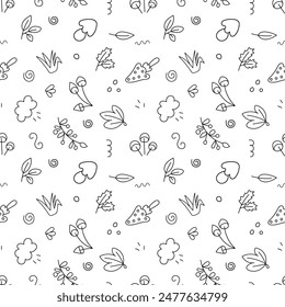 Pattern of mushrooms and leaves doodle. Vector, isolated, on a white background