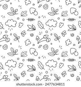 Muster von Pilzen und Blättern Doodle. Vektorgrafik, isoliert, auf weißem Hintergrund