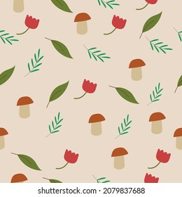 Patrón de hongos, hojas, flores. Patrón de verano en un fondo beige. Vector.