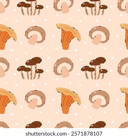 Pattern Mushrooms on a beige background with polka dots.Button, Cremini, Portobello, Shiitake, Oyster, Porcini, Morel, Enoki, Chanterelle, Maitake