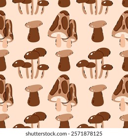 Pattern Mushrooms on a beige background.Button, Cremini, Portobello, Shiitake, Oyster, Porcini, Morel, Enoki, Chanterelle, Maitake