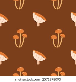 Pattern Mushrooms on a brown background.Button, Cremini, Portobello, Shiitake, Oyster, Porcini, Morel, Enoki, Chanterelle, Maitake