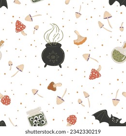 Pattern with mushrooms, potion, bowler hat and Halloween candies. Seamless pattern for paper or fabric