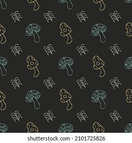A pattern of mushrooms and twigs on a black background. Vector image for use in website design or packaging paper