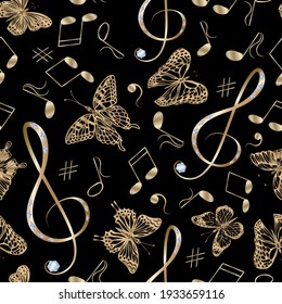 Pattern with music signs and butterflies.Musical signs and butterflies of gold color on a black background in a vector pattern.