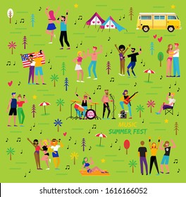 Pattern for music summer festival. Open air live performance in outdoor suburban landscape. Party in park, camp. Pop, rock musicians and funny dancing people