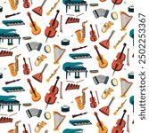 pattern with musical instruments, colored flat illustrations. Guitar, synthesizer, violin, cello, drum, cymbals saxophone, accordion, piano, harp, harmonica, balalaika, cello, pipe, xylophone. texture