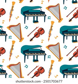 Patrón con instrumentos musicales, ilustraciones planas de colores. piano, violín, arpa, flauta, notas en diferentes colores. Cuerdas, instrumentos de viento, teclados. Textura musical sin costuras para la tela de impresión