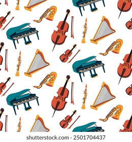 Patrón con instrumentos musicales, ilustraciones planas de colores. piano, saxofón, violín, violonchelo, arpa en diferentes colores. Cuerdas, instrumentos de viento, teclados. Textura musical sin fisuras para imprimir