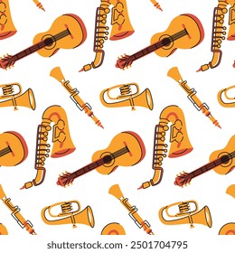 Pattern with musical instruments, colored flat illustrations. guitar, saxophone, flute, pipe in yellow colors. Strings, wind instruments. Seamless musical texture for printing on fabric