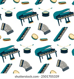 A pattern with musical instruments, colored flat illustrations. piano, tambourines, drum, harmonica, accordion, synthesizer, in blue colors. Seamless musical texture for printing on fabric