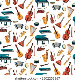 pattern with musical instruments, colored flat illustrations. Guitar, synthesizer, violin, cello, drum, cymbals saxophone, accordion, piano, harp, harmonica, balalaika, cello, pipe, xylophone. texture