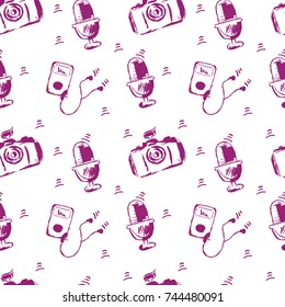 pattern of musical instruments and a photo camera painted in a style sketch of separate doodle lines on a white background