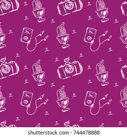 pattern of musical instruments and a photocamera painted in a stylet sketch of separate doodle lines on a lilac background