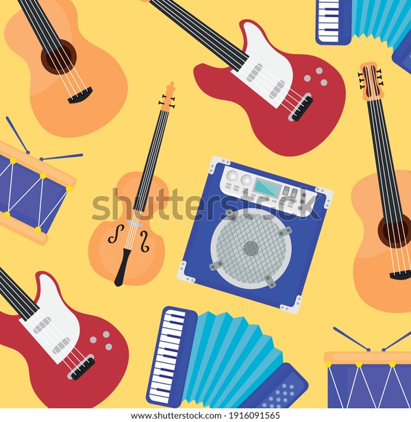 pattern of musical instruments set icons vector\
illustration design