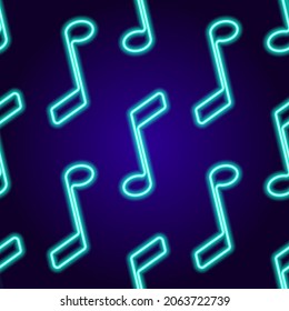 a pattern of musical notes. The seamless pattern of the Glow-in-the-dark neon sign of the eighth note is a blue line. isolated blue outline is a musical symbol